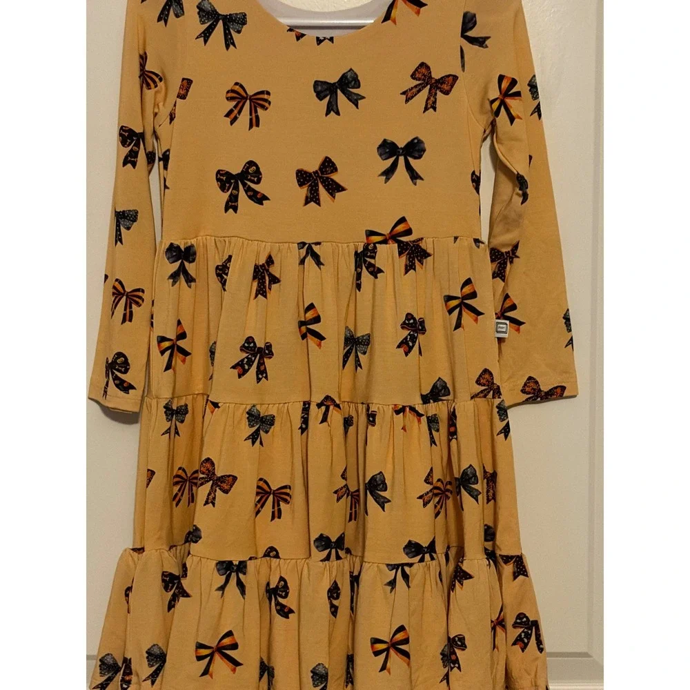 Minikin Mischief Girls 3T Yellow Bow Print Bamboo Viscose Tiered Twirl Dress NWT